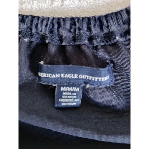 American Eagle Top Off the Shoulders Navy Velvet Ties Womens Size Medium Peasant - Picture 14 of 15
